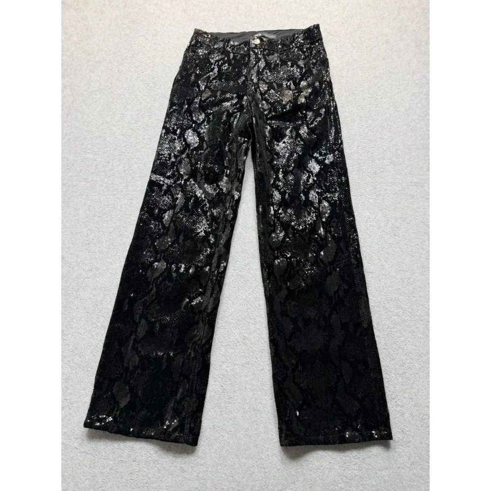 Zara Womens Black Silver Sequin Snakeskin Wide Leg Pants High Rise Trousers